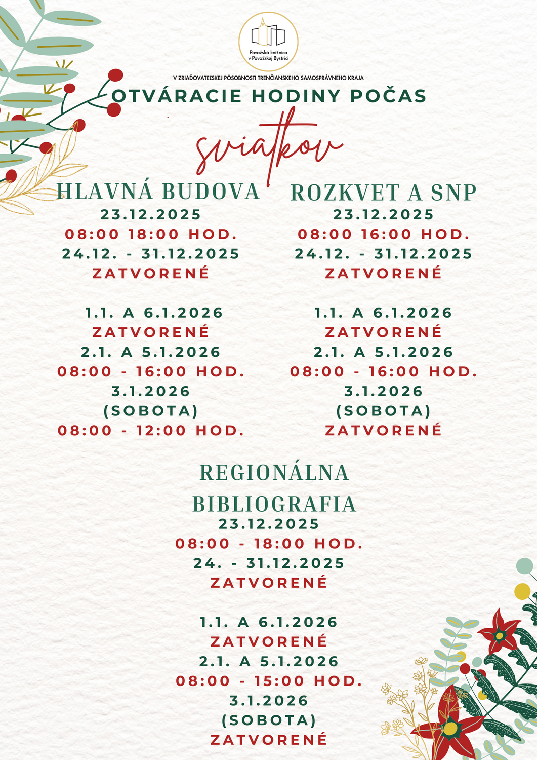 Otváracie hodiny počas vianočných sviatkov