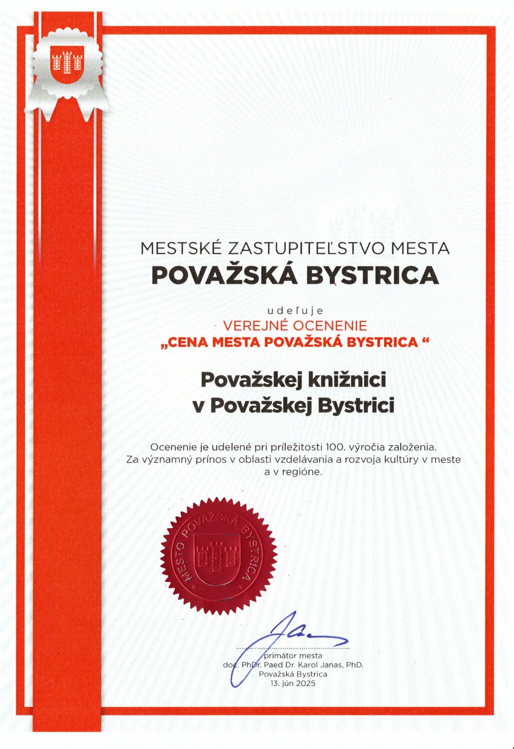 CENA MESTA POVAŽSKÁ BYSTRICA