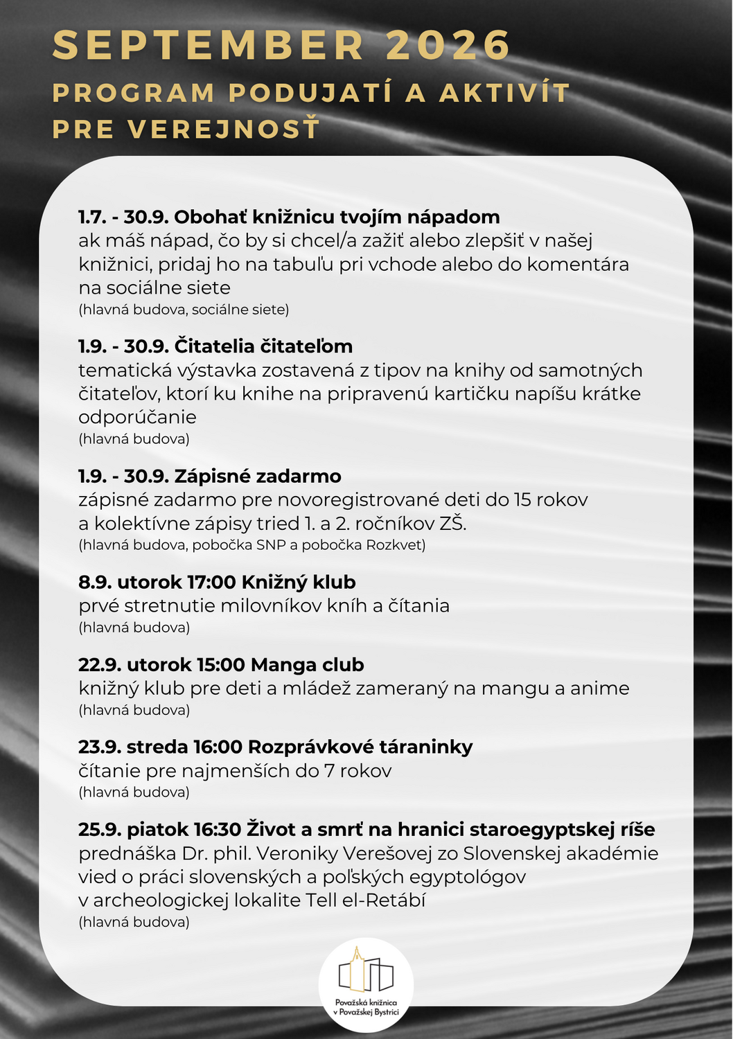SEPTEMBER 2026 - program podujatí a aktivít pre verejnosť