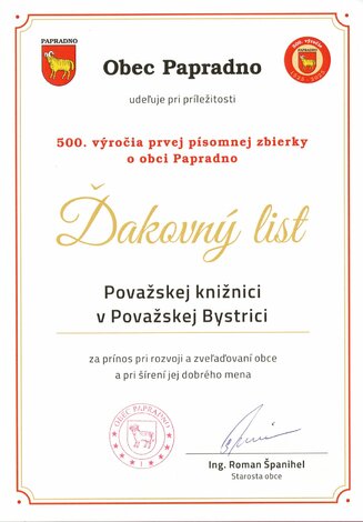 Cena mesta považská bystrica - ďakovný list od obce Papradno