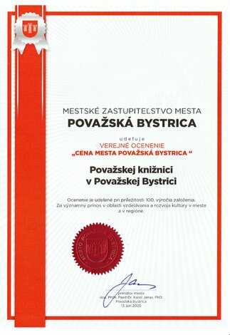 Cena mesta považská bystrica - verjné ocenenie - Cena mesta PB - knižnici 2025